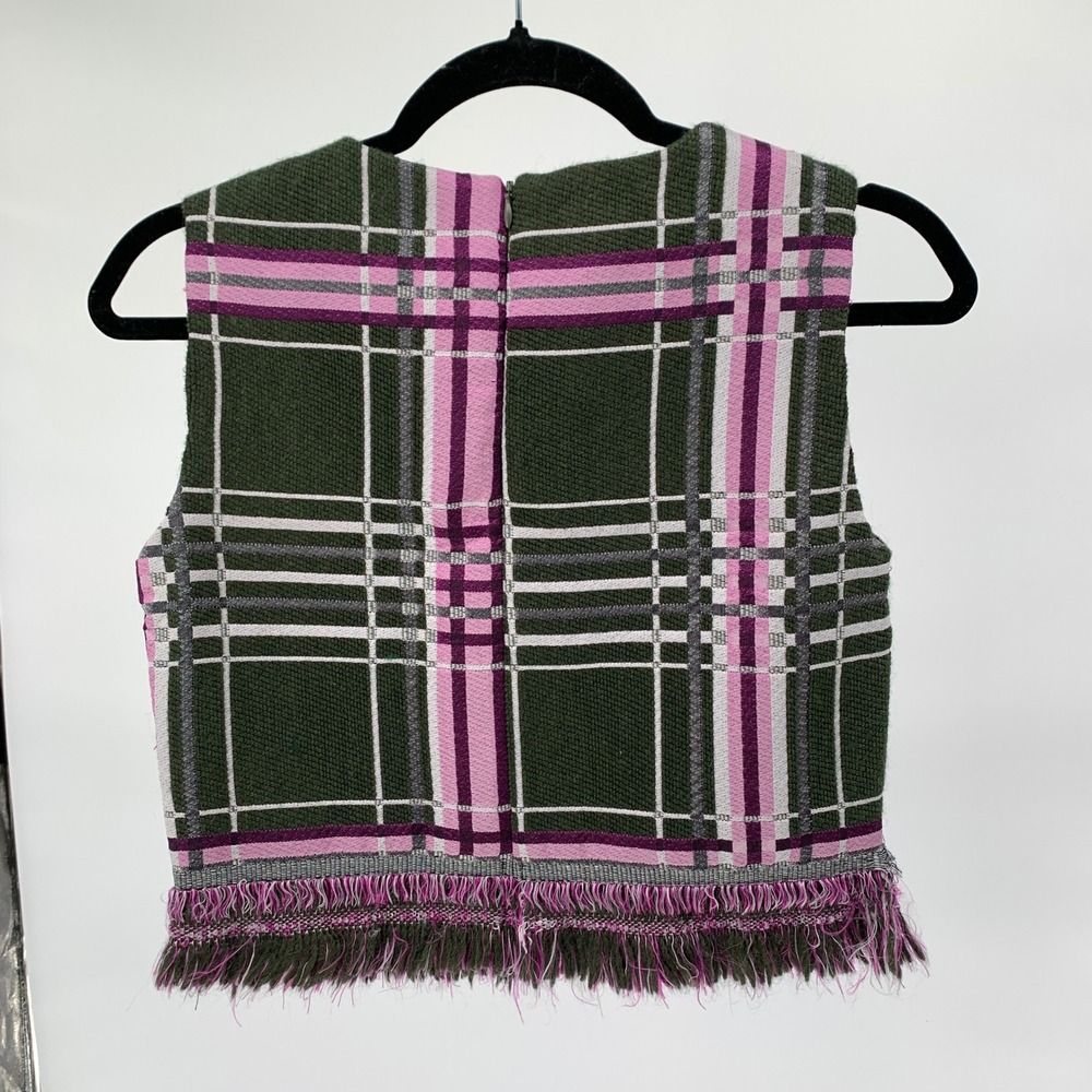 Pinko Italy Plaid Wool Blend Boxy Fringe Crop Top Green Pink Sz 4